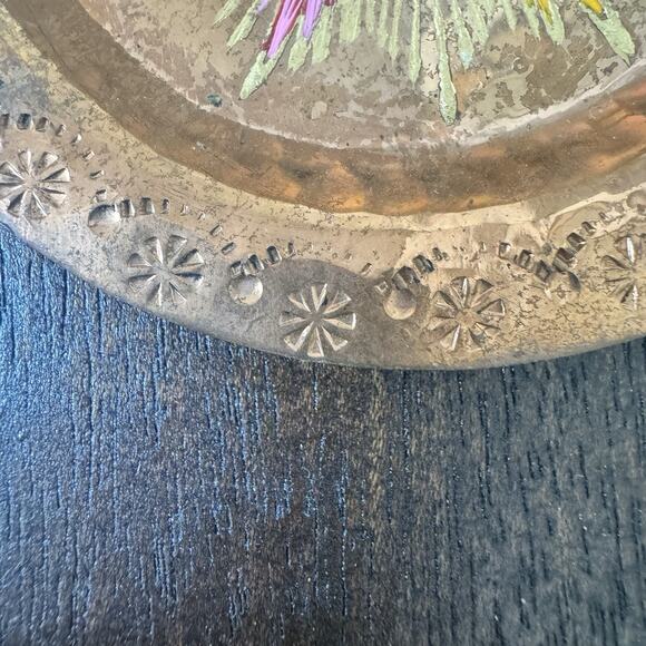 VTG Brass Hand Painted Metal 4" Tray Plate Trinket Dish Artisan Floral Pansy - Picture 6 of 12
